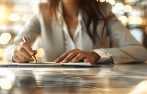 A couple reviews home and auto insurance documents beside a laptop and vehicle keys.